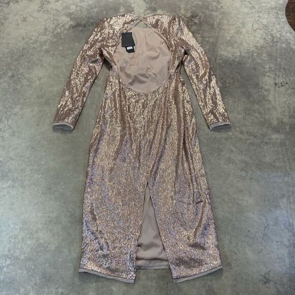 Rachel Zoe Dress Womens 10 Sequin Jeane Champagne Midi Cut Out Back Long Sleeve - Picture 7 of 12